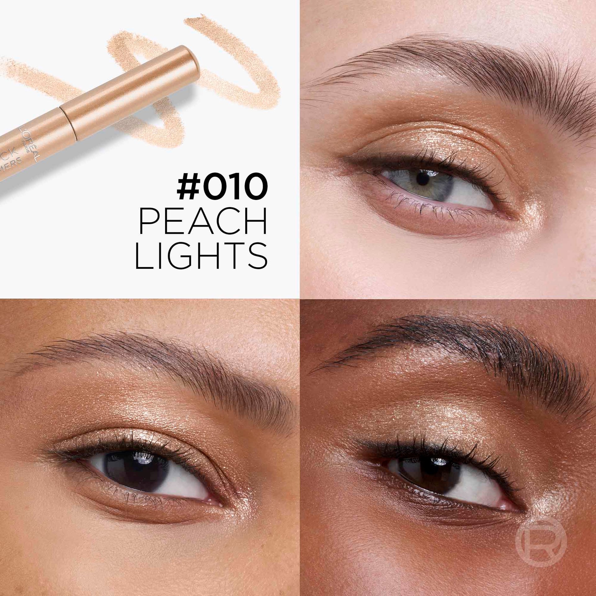 A four-way split screen displaying the '#010 Peach Lights' shimmer shade applied to the eyes of models with various skin tones.