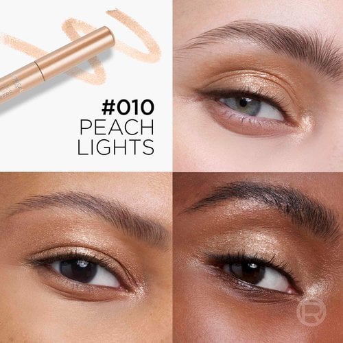 Écran divisé en quatre affichant la teinte scintillante « #010 Peach Lights » sur divers mannequins.