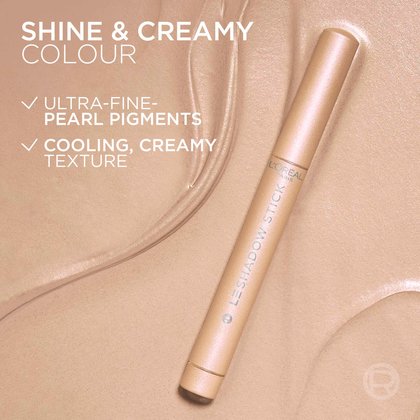 Product shot emphasizing 'Shine & Creamy Colour' with text detailing ultra-fine pearl pigments and a cooling, creamy texture for the peach shade.