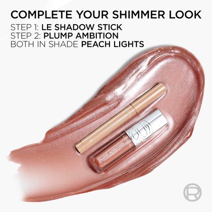 A promotional graphic titled "Complete Your Shimmer Look," featuring both the Nude Lights shadow stick and Plump Ambition lip gloss on a large creamy swatch.