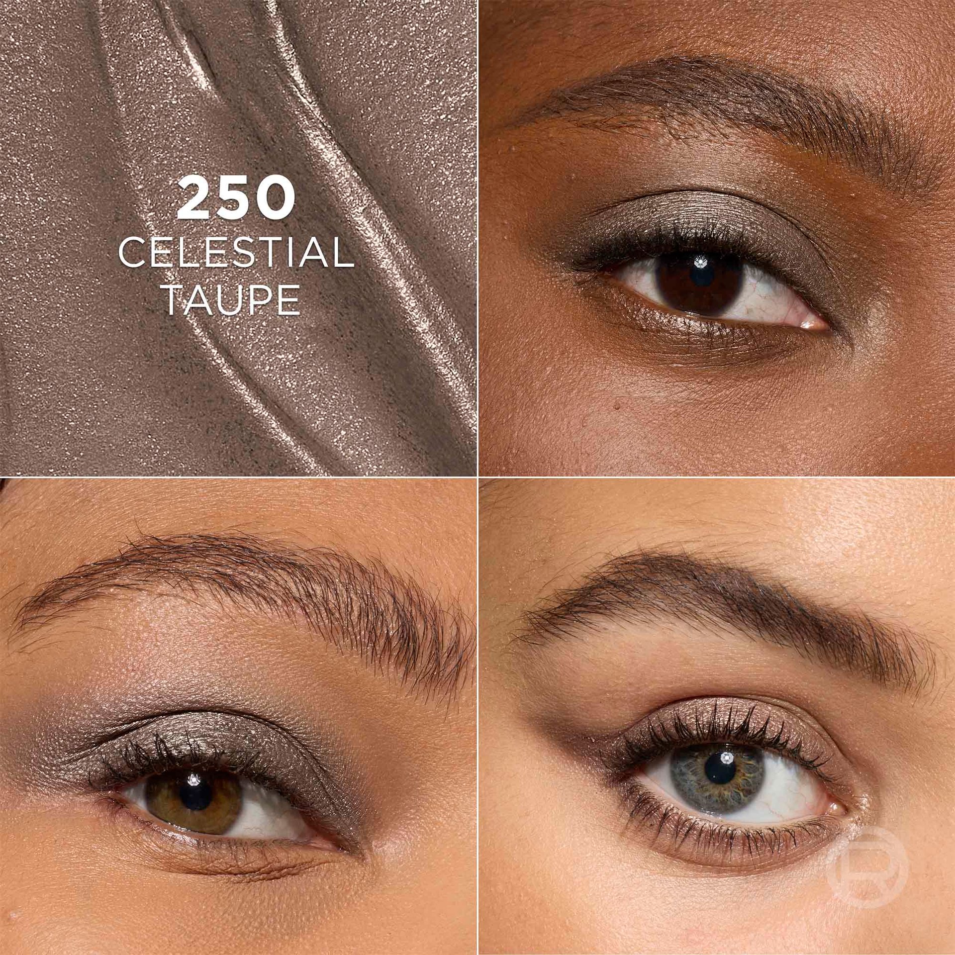 A four-way split screen featuring close-ups of different eye shapes wearing '250 Celestial Taupe' eyeshadow, with one quadrant displaying the shade name.