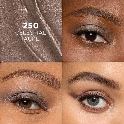 Écran divisé en quatre présentant des gros plans de différentes formes d'yeux portant le fard « 250 Celestial Taupe ».