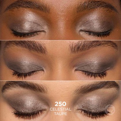 A vertical triple-view showing close-ups of closed eyelids to demonstrate the smooth shimmer finish and blending of the '250 Celestial Taupe' shadow.