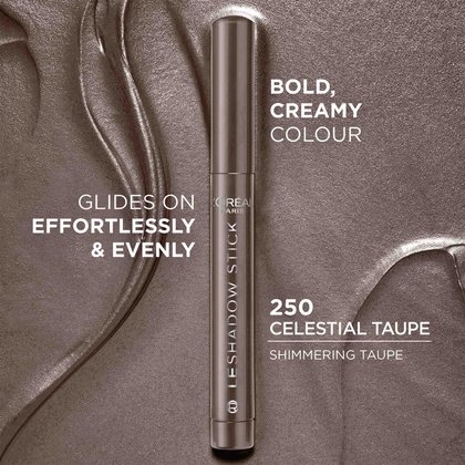 Promotional shot of the shadow stick and a bold swatch with text highlighting 'Bold, Creamy Colour' and 'Slides on effortlessly & evenly' in '250 Celestial Taupe'.