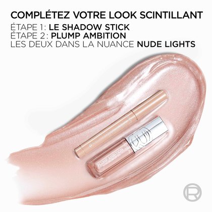 Graphique « Complétez votre look » avec le fard Nude Lights et le gloss Plump Ambition.