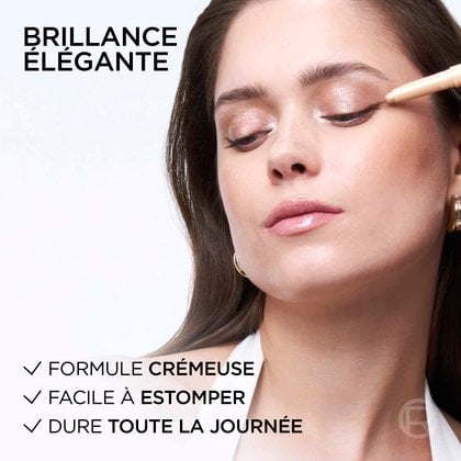 Mannequin présentant le fard pêche sur ses yeux, soulignant son éclat rehaussé et sa facilité d'estompage.