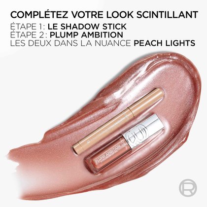 Graphique « Complétez votre look » avec le fard Peach Lights et le gloss Plump Ambition.