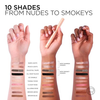 A shade range graphic showing swatches of 10 different shades on three arms of different skin tones.