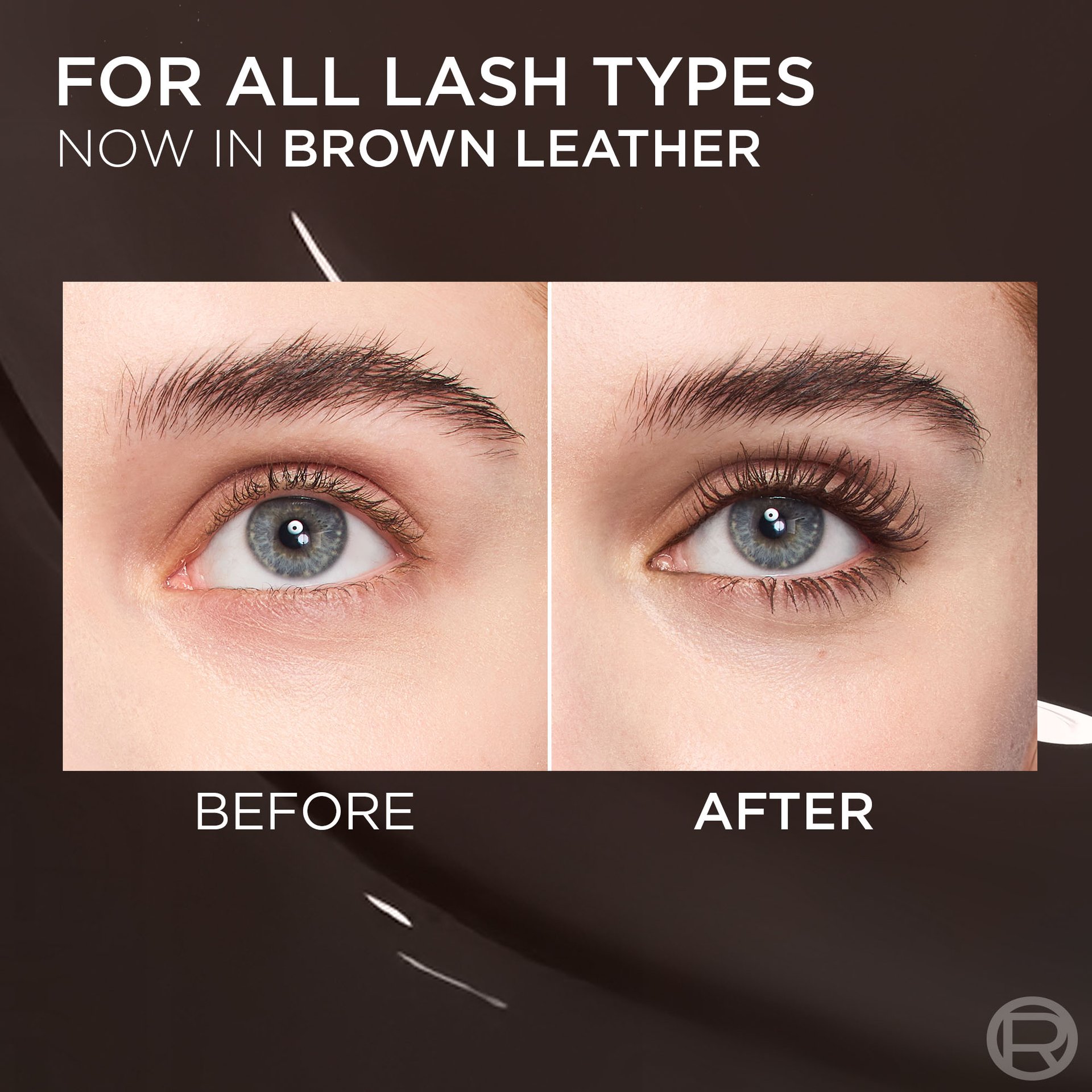 A split image showcasing a woman's eye in 'BEFORE' and 'AFTER' comparisons for L'Oréal Panorama Mascara in brown leather. The 'BEFORE' side shows natural lashes, while the 'AFTER' side reveals significantly longer, fuller, and more defined lashes, demonstrating the mascara's enhancing effect. Text on the image reads: "FOR ALL LASH TYPES NOW IN BROWN LEATHER."