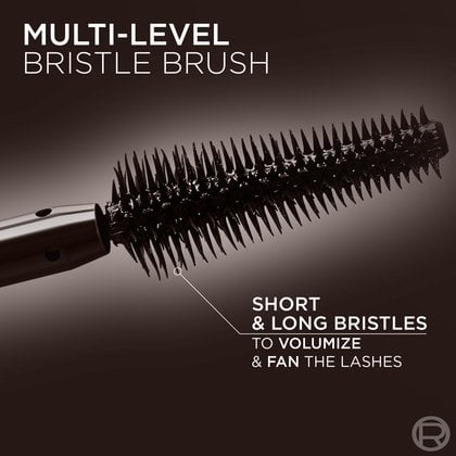 A detailed close-up shot of the L'Oréal Panorama Mascara's unique "MULTI-LEVEL BRISTLE BRUSH." The brush features a combination of "SHORT & LONG BRISTLES" designed "TO VOLUMIZE & FAN THE LASHES," illustrating its advanced design for comprehensive lash coverage and separation. The bristles are coated in black mascara.