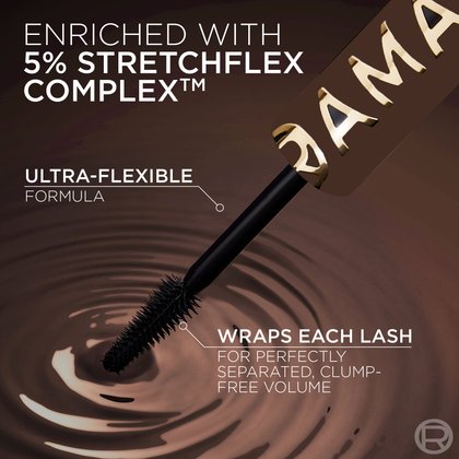 A close-up shot of the L'Oréal Panorama Mascara's multi-level bristle wand emerging from a rich brown liquid, creating ripples. Overlay text explains its advanced formulation: "ENRICHED WITH 5% STRETCHFLEX COMPLEX™," "ULTRA-FLEXIBLE FORMULA," and "WRAPS EACH LASH FOR PERFECTLY SEPARATED, CLUMP-FREE VOLUME." The mascara tube's branding is partially visible in the background.