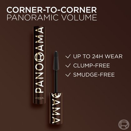 An image showing the L'Oréal Panorama Mascara tube and its multi-level bristle brush applicator against a deep brown background. Bold white text highlights key benefits: "CORNER-TO-CORNER PANORAMIC VOLUME," "UP TO 24H WEAR," "CLUMP-FREE," and "SMUDGE-FREE." The L'Oréal logo is visible on the mascara tube.