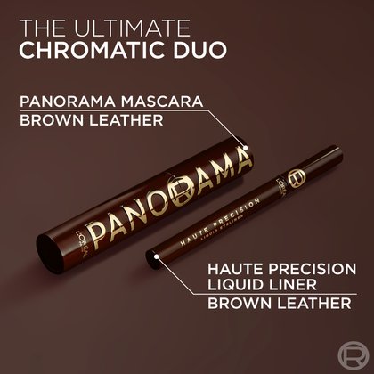 An image showcasing L'Oréal's "THE ULTIMATE CHROMATIC DUO," featuring the Panorama Mascara tube labeled "BROWN LEATHER" and a "HAUTE PRECISION LIQUID LINER" also in "BROWN LEATHER." Both products are displayed against a dark brown, rich background, emphasizing their coordination and luxurious aesthetic.