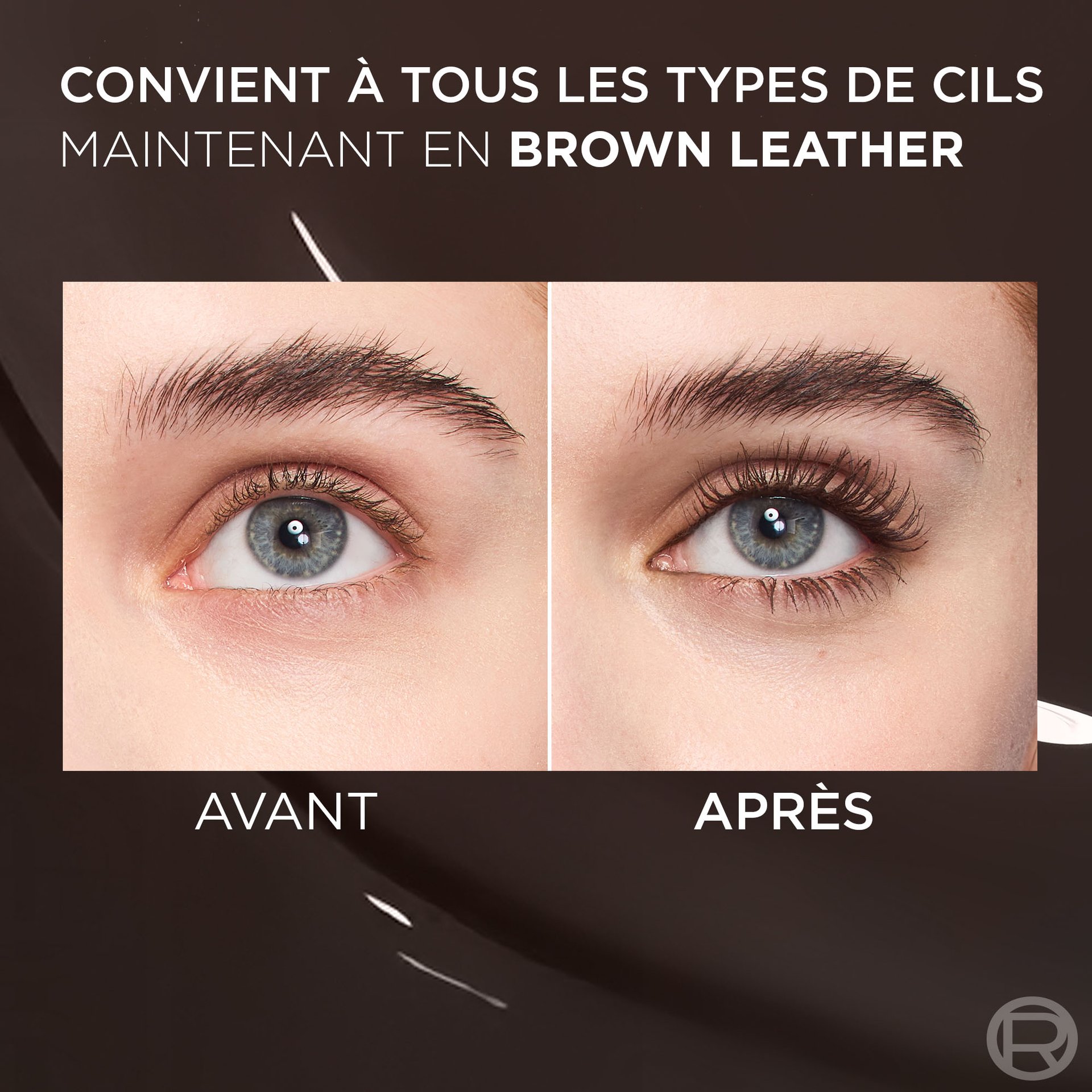 Une comparaison "AVANT" et "APRÈS" montre un œil sans mascara et le même œil avec le mascara L'Oréal Panorama appliqué, soulignant l'augmentation visible du volume et de la longueur des cils. Le texte indique que le produit "CONVIENT À TOUS LES TYPES DE CILS MAINTENANT EN BROWN LEATHER".
