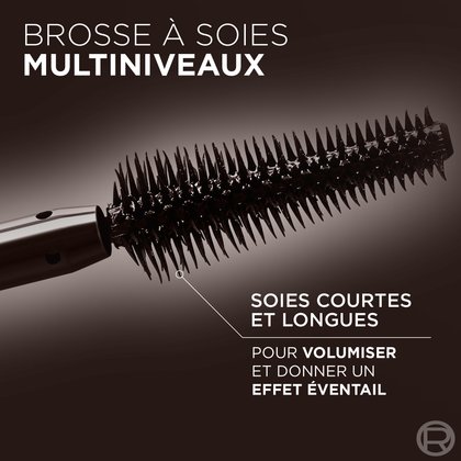 Gros plan sur la "BROSSE À SOIES MULTINIVEAUX" du mascara L'Oréal Panorama. Le texte explique qu'elle possède des "SOIES COURTES ET LONGUES POUR VOLUMISER ET DONNER UN EFFET ÉVENTAIL", illustrant la conception innovante de la brosse pour maximiser le volume et la séparation des cils.