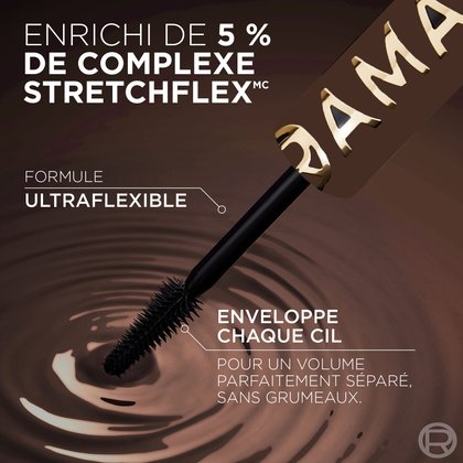 Gros plan sur la brosse du mascara L'Oréal Panorama, immergée et retirée d'une texture liquide de couleur marron, créant des ondulations. Le texte indique que le produit est "ENRICHI DE 5 % DE COMPLEXE STRETCHFLEX™", avec une "FORMULE ULTRAFLÉXIBLE" qui "ENVELOPPE CHAQUE CIL POUR UN VOLUME PARFAITEMENT SÉPARÉ, SANS GRUMEAUX".