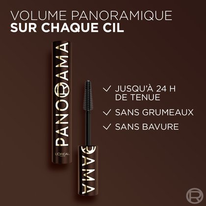 Cette image promotionnelle présente le tube de mascara L'Oréal Panorama de couleur marron foncé et sa brosse déployée. Le texte met en avant les caractéristiques du produit : "VOLUME PANORAMIQUE SUR CHAQUE CIL", "JUSQU'À 24 H DE TENUE", "SANS GRUMEAUX" et "SANS BAVURE".