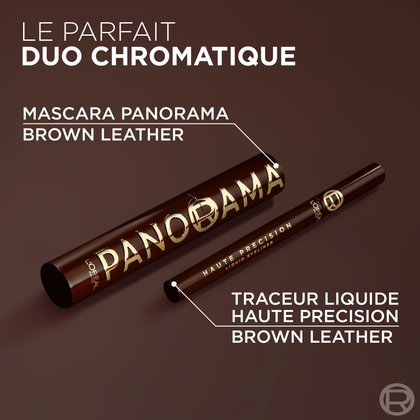 Image montrant le mascara L'Oréal Panorama "Brown Leather" aux côtés du "Traceur Liquide Haute Précision Brown Leather", formant "LE PARFAIT DUO CHROMATIQUE". Les deux produits sont de couleur marron foncé, soulignant leur complémentarité pour un maquillage des yeux coordonné.