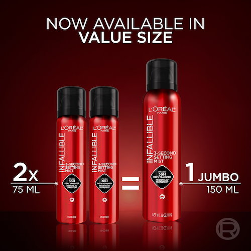 An image showcasing product sizes, with two smaller red spray bottles of "L'Oréal Infallible 3-Second Setting Mist" (75 ML each) on the left, next to an equals sign, indicating they are equivalent to one larger red spray bottle (150 ML) labeled "JUMBO" on the right. The top of the image prominently displays the text "NOW AVAILABLE IN VALUE SIZE."