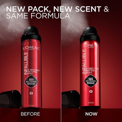 A side-by-side comparison of two "L'Oréal Infallible 3-Second Setting Mist" bottles against a dark red background. The "BEFORE" image on the left shows an older packaging, while the "NOW" image on the right depicts the newer packaging with a fine mist spraying from the nozzle. The prominent text at the top reads: "NEW PACK, NEW SCENT & SAME FORMULA."