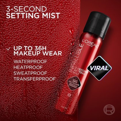 A red "L'Oréal Infallible 3-Second Setting Mist" bottle is positioned diagonally on a dark red textured surface covered in water droplets. Text overlays declare "3-SECOND SETTING MIST," "UP TO 36H MAKEUP WEAR," with sub-points: "WATERPROOF," "HEATPROOF," "SWEATPROOF," "TRANSFERPROOF." A black and pink "VIRAL" badge is displayed to the right of the bottle.