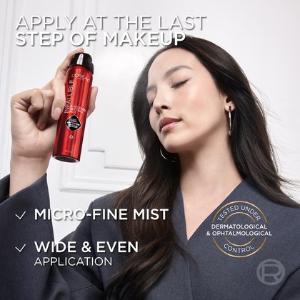 A woman with long dark hair and closed eyes gently sprays the "L'Oréal Infallible 3-Second Setting Mist" towards her face. Text at the top instructs: "APPLY AT THE LAST STEP OF MAKEUP." Additional benefits listed below include "MICRO-FINE MIST" and "WIDE & EVEN APPLICATION." A circular gold seal reiterates "TESTED UNDER DERMATOLOGICAL & OPHTALMOLOGICAL CONTROL."