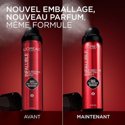 Une comparaison côte à côte de deux flacons de "L'Oréal Infallible 3-Second Setting Mist" sur un fond rouge foncé. L'image "AVANT" à gauche montre un ancien emballage, tandis que l'image "MAINTENANT" à droite représente le nouvel emballage avec une fine brume sortant de la buse. Le texte proéminent en haut indique : "NOUVEL EMBALLAGE, NOUVEAU PARFUM & MÊME FORMULE".