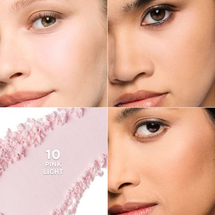 Four-panel image featuring close-ups of two different women's faces (one lighter, one darker skin tone) showcasing the brightening effect of the powder. The bottom left panel shows a swatch of L'Oréal Paris Infallible Blur-fection powder with the text "10 PINK LIGHT". This highlights the pink powder's ability to brighten various complexions.