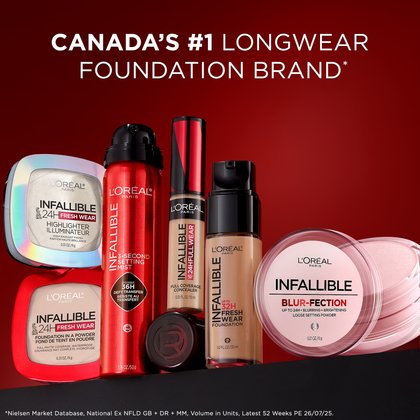 A collection of L'Oréal Paris Infallible makeup products including foundation, concealer, highlighter, setting mist, and the Blur-fection setting powder, set against a red smoky background. Text proudly states "CANADA'S #1 LONGWEAR FOUNDATION BRAND*".