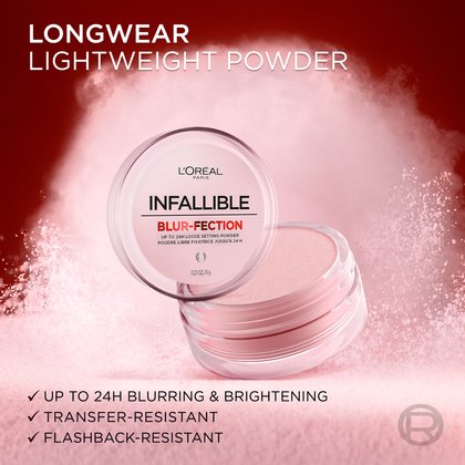 L'Oréal Paris Infallible Blur-fection Loose Setting Powder in a clear jar, tilted with powder spilling out, against a red and pink smoky background. Text highlights "LONGWEAR LIGHTWEIGHT POWDER" and benefits: "UP TO 24H BLURRING & BRIGHTENING", "TRANSFER-RESISTANT", and "FLASHBACK-RESISTANT".