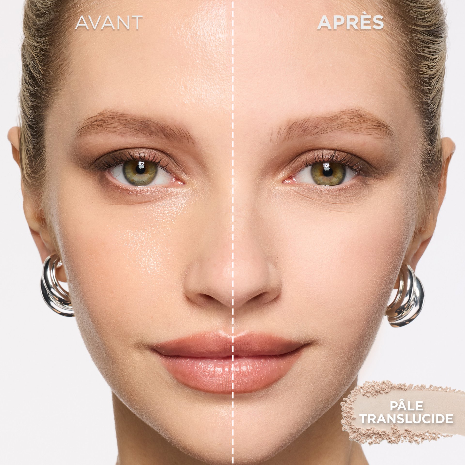 Image divisée du visage d'une femme, montrant "AVANT" à gauche avec un teint légèrement brillant et "APRÈS FIXATION" à droite avec un fini mat et éclairci, obtenu avec la poudre L'Oréal Paris Infallible Blur-fection. En bas à droite, un échantillon de poudre "LIGHT PINK" est visible. Cela illustre l'effet éclaircissant et matifiant de la poudre fixatrice rose.