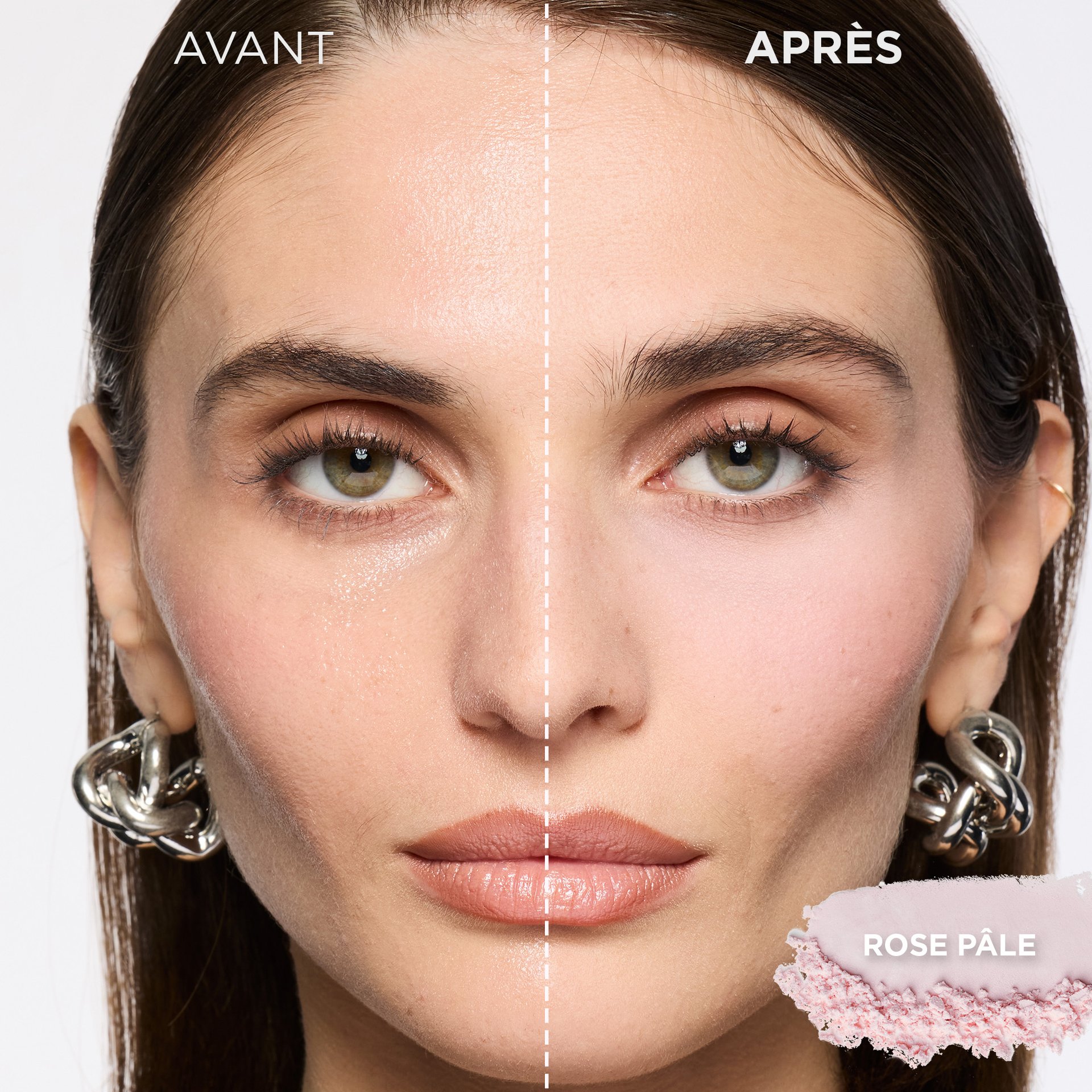 Image divisée du visage d'une femme, montrant "AVANT" à gauche avec un teint légèrement brillant et "APRÈS FIXATION" à droite avec un fini mat et éclairci, obtenu avec la poudre L'Oréal Paris Infallible Blur-fection. En bas à droite, un échantillon de poudre "LIGHT PINK" est visible. Cela illustre l'effet éclaircissant et matifiant de la poudre fixatrice rose.