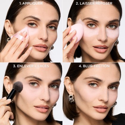 Image en quatre panneaux montrant une femme appliquant la poudre L'Oréal Paris Infallible Blur-fection. Étape 1 : "FIXER" avec une houppette rose. Étape 2 : "BAKE" avec une éponge rose sous les yeux. Étape 3 : "BALAYER" avec un pinceau. Étape 4 : "BLURFECTION" montrant le résultat final impeccable.