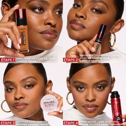 Image en quatre panneaux d'une femme à la peau foncée démontrant une routine de maquillage complète avec les produits L'Oréal Paris Infallible. Étape 1 : "CONSTRUIRE LA BASE AVEC LE FOND DE TEINT LONGUE TENUE". Étape 2 : "MINIMISER LES IMPERFECTIONS AVEC L'ANTI-CERNES LONGUE TENUE". Étape 3 : "FIXER ET MATIFIER AVEC LA POUDRE LONGUE TENUE" (L'Oréal Paris Infallible Blur-fection). Étape 4 : "FIXER VOTRE MAQUILLAGE AVEC LE SPRAY FIXATEUR RÉSISTANT AU TRANSFERT".