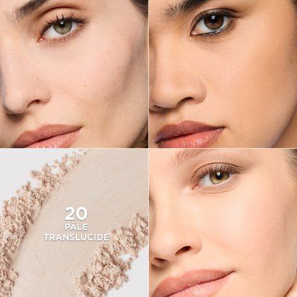 Image en quatre panneaux présentant des gros plans de visages de deux femmes différentes (une au teint clair, une au teint plus foncé) montrant l'effet de la poudre. Le panneau inférieur gauche montre un échantillon de poudre L'Oréal Paris Infallible Blur-fection avec le texte "20 PÂLE TRANSLUCIDE". Cela met en évidence la polyvalence de la poudre sur différentes carnations.