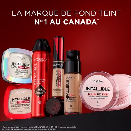 Une collection de produits de maquillage L'Oréal Paris Infallible, incluant fond de teint, anti-cernes, illuminateur, spray fixateur et la poudre fixatrice Blur-fection, sur un fond rouge fumé. Le texte déclare fièrement "MARQUE DE FOND DE TEINT LONGUE TENUE N°1 AU CANADA*".