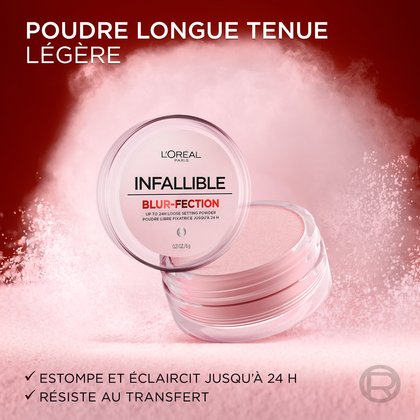 Poudre libre L'Oréal Paris Infallible Blur-fection dans un pot transparent, incliné avec de la poudre qui s'en échappe, sur un fond rouge et rose fumé. Le texte met en avant "POUDRE LÉGÈRE LONGUE TENUE" et les bénéfices : "JUSQU'À 24H FLOUTANT & ILLUMINANT", "RÉSISTANT AU TRANSFERT" et "RÉSISTANT AU FLASHBACK".