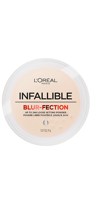 L'Oréal Paris Infallible Blur-fection Up to 24H Loose Setting Powder in a clear round jar with a beige label. The label features "L'ORÉAL PARIS" at the top, "INFALLIBLE" in black, and "BLUR-FECTION" in red, with "UP TO 24H LOOSE SETTING POWDER" below.
