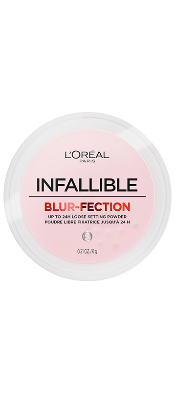 L'Oréal Paris Infallible Blur-fection Up to 24H Loose Setting Powder in a clear round jar with a beige label. The label features "L'ORÉAL PARIS" at the top, "INFALLIBLE" in black, and "BLUR-FECTION" in red, with "UP TO 24H LOOSE SETTING POWDER" below.