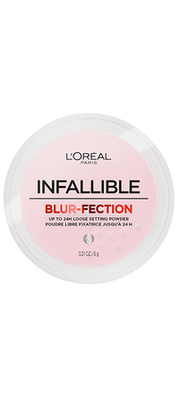 L'Oréal Paris Infallible Blur-fection Up to 24H Loose Setting Powder in a clear round jar with a beige label. The label features "L'ORÉAL PARIS" at the top, "INFALLIBLE" in black, and "BLUR-FECTION" in red, with "UP TO 24H LOOSE SETTING POWDER" below.