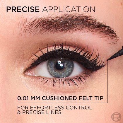 A close-up image showing a precise application of the black L'Oréal Paris Haute Precision Liquid Eyeliner on an eye, creating a sharp winged liner. Text indicates "PRECISE APPLICATION" and highlights the "0.01 MM CUSHIONED FELT TIP FOR EFFORTLESS CONTROL & PRECISE LINES."