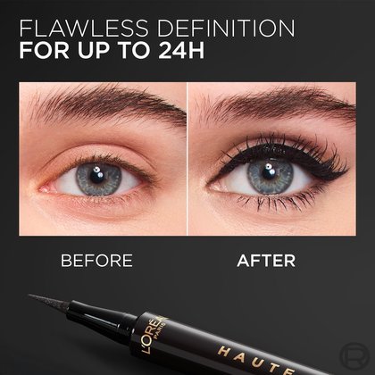 A "BEFORE" and "AFTER" comparison image of an eye. The "BEFORE" image shows a bare eye with a blue iris, while the "AFTER" image shows the same eye dramatically enhanced with black L'Oréal Paris Haute Precision Liquid Eyeliner and mascara. A black eyeliner pen is visible in the foreground. Text claims "FLAWLESS DEFINITION FOR UP TO 24H."