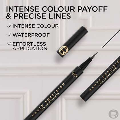 Two black L'Oréal Paris Haute Precision Liquid Eyeliner pens are displayed, one with its cap off revealing the felt tip, alongside a small swatch of black eyeliner. Text overlays highlight the product's benefits: "INTENSE COLOUR PAYOFF & PRECISE LINES," "INTENSE COLOUR," "WATERPROOF," and "EFFORTLESS APPLICATION."