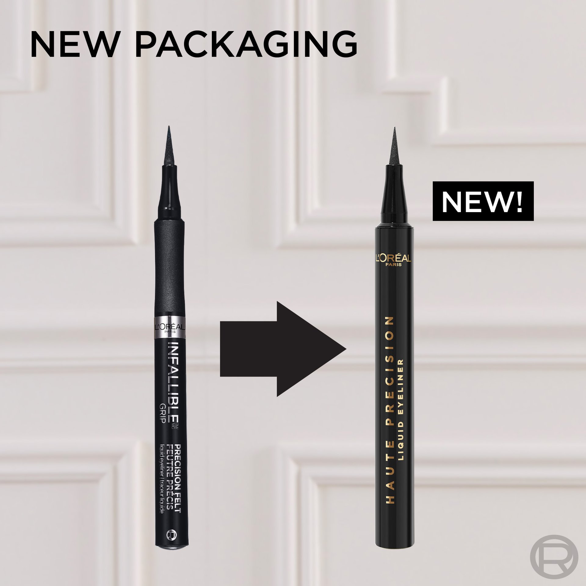 A side-by-side image showing the evolution of L'Oréal Paris eyeliner packaging. The left shows the old black "Infallible Grip Precision Felt Eyeliner." The right, marked "NEW!", features the new, black "Haute Precision Liquid Eyeliner." A black arrow points from the old to the new design. The title reads "NEW PACKAGING."