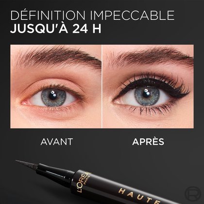 Image avant/après montrant un œil sans maquillage puis avec un eye-liner liquide noir et du mascara. Le L'Oréal Paris Haute Précision Liquid Eyeliner est visible en bas. Le titre est 'DÉFINITION IMPECCABLE JUSQU'À 24 H