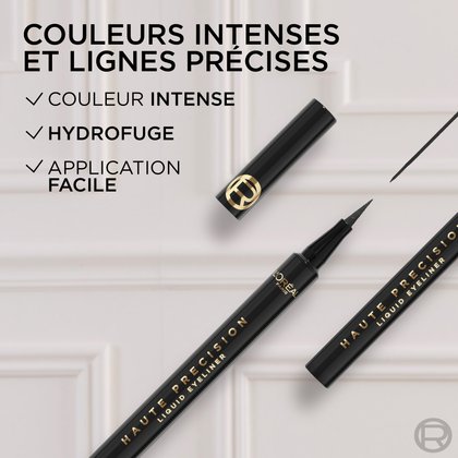 Deux traceurs liquides L'Oréal Paris Haute Précision de couleur noire, l'un avec le capuchon ouvert montrant la pointe. Un swatch d'eye-liner noir est visible. Le texte met en avant : 'COULEURS INTENSES ET LIGNES PRÉCISES', 'COULEUR INTENSE', 'HYDROFUGE', 'APPLICATION FACILE