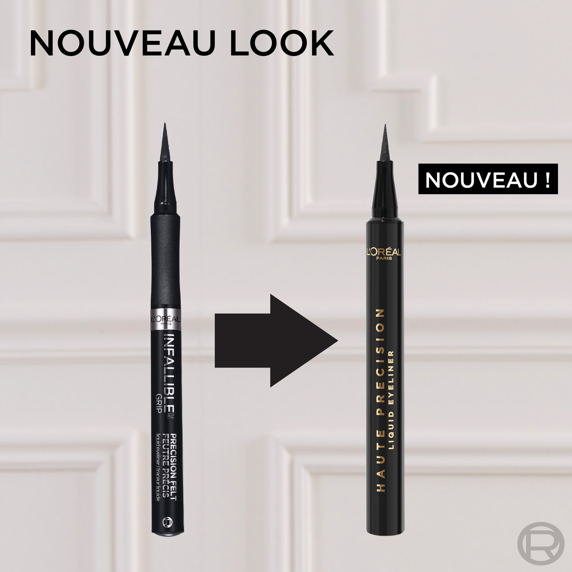 comparaison de packaging de L'Oréal Paris Infallible Grip Precision Felt Eyeliner (ancien, noir) à gauche et du nouveau Haute Précision Liquid Eyeliner (nouveau, noir) à droite, avec flèche noire. Le titre indique 'NOUVEAU LOOK