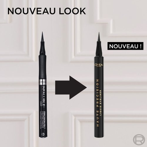 comparaison de packaging de L'Oréal Paris Infallible Grip Precision Felt Eyeliner (ancien, noir) à gauche et du nouveau Haute Précision Liquid Eyeliner (nouveau, noir) à droite, avec flèche noire. Le titre indique 'NOUVEAU LOOK