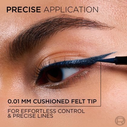 A close-up image showing a precise application of the blue L'Oréal Paris Haute Precision Liquid Eyeliner on an eye. The eyeliner creates a sharp wing. Text indicates "PRECISE APPLICATION" and highlights the "0.01 MM CUSHIONED FELT TIP FOR EFFORTLESS CONTROL & PRECISE LINES.