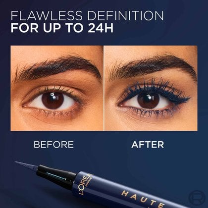 A "BEFORE" and "AFTER" comparison image of an eye. The "BEFORE" image shows a bare eye, while the "AFTER" image shows the same eye dramatically enhanced with blue L'Oréal Paris Haute Precision Liquid Eyeliner and blue mascara. A dark blue eyeliner pen is visible in the foreground. Text claims "FLAWLESS DEFINITION FOR UP TO 24H